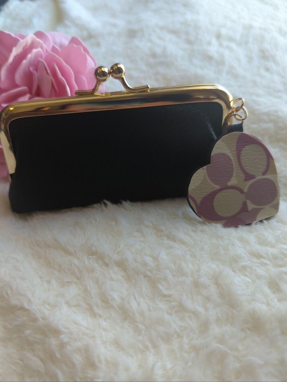 Coach Upcycled Purple CC Canvas Heart Mirror Charm + Unbranded Kisslock Purse